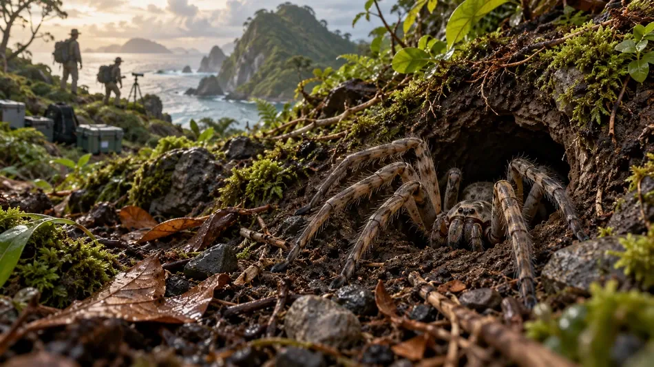  Researchers on island encounter giant spider legs emerging from a burrow 