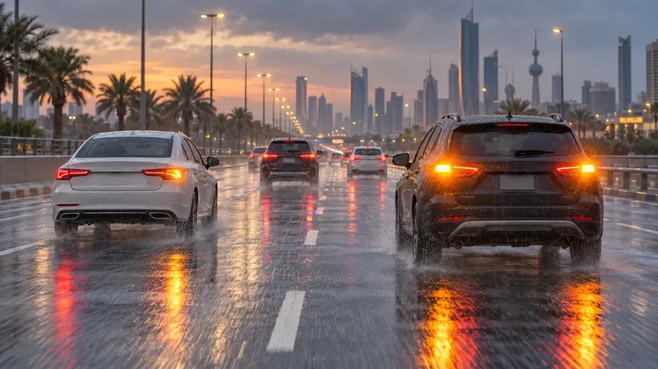  Kuwait traffic authority cautions against hazard lights while driving in rain 
